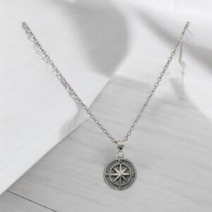 925 Sterling Silver Compass Pendant Free Chain Necklace